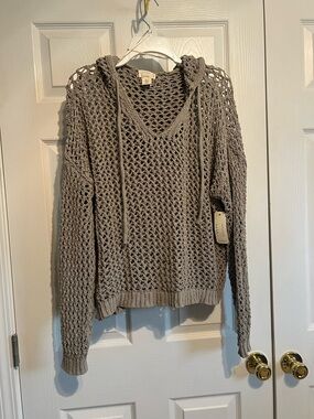 Nicole Miller Taupe Open-Knit V-Neck Hooded Sweater